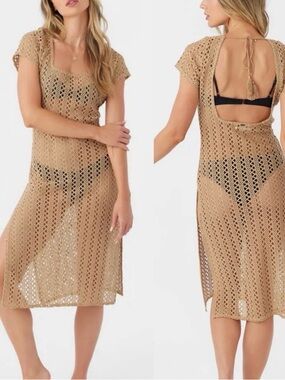 O'Neill Tan Crochet Swim Cover-Up Dress Midi Sz XS